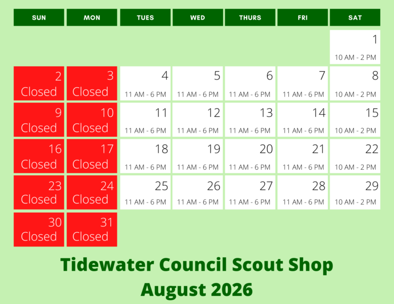 Scout Shop August 2026 hours calendar