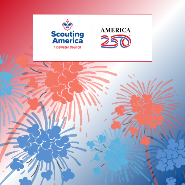 Scouting America Tidewater Council. America 250. Fireworks and popcorn motif.