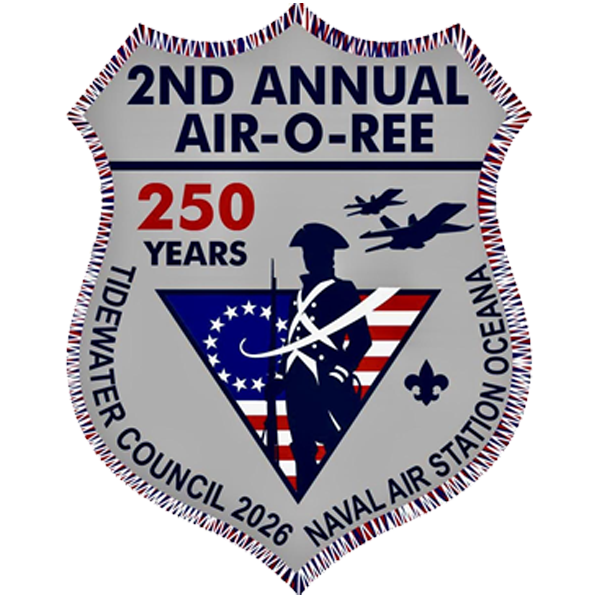 Patch design for 2nd Annual Air-O-Ree. 250 Years. Tidewater Council 2026. Naval Air Station Oceana.
