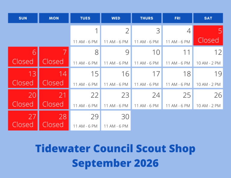Scout Shop September 2026 hours calendar