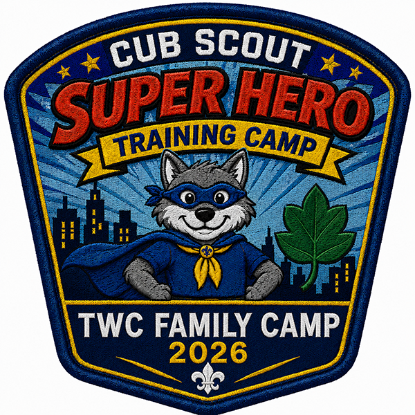 Cub Scout Super Hero Training Camp patch. TWC Family Camp 2026.