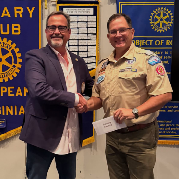 Chesapeake Rotary check presentation to support the Handicraft area at Pipsico Scout Reservation