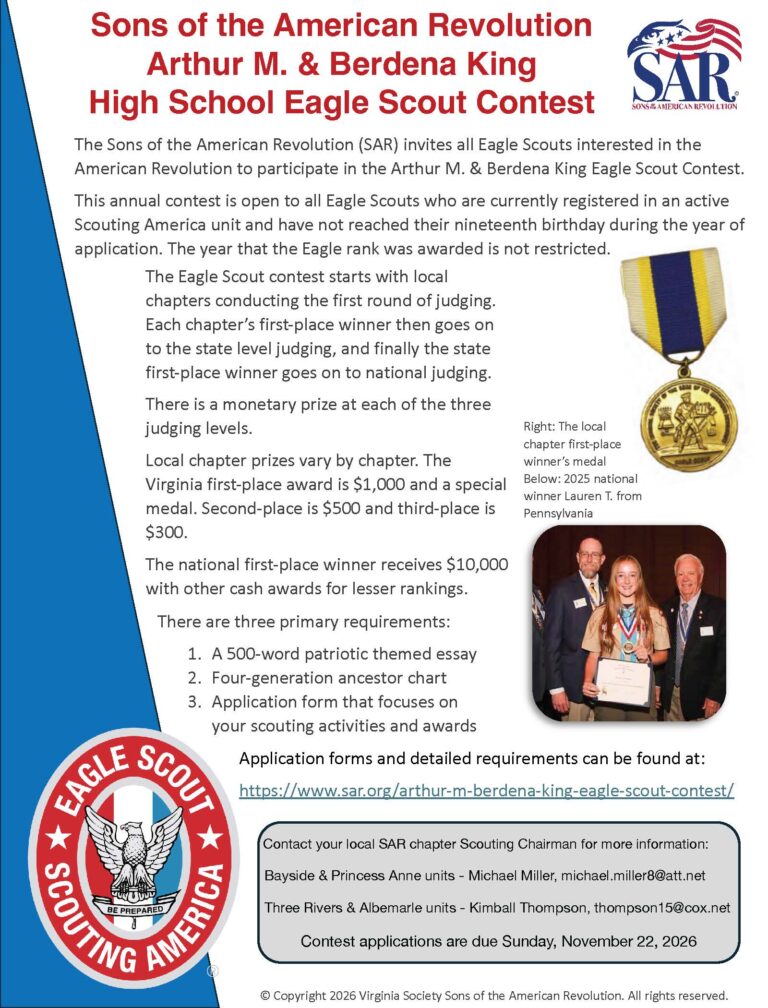 Thumbnail of flyer for the 2026 Sons of the American Revolution Arthur M. & Berdena King High School Eagle Scout Contest