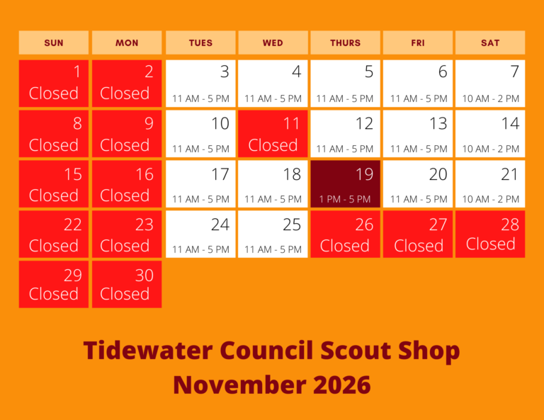 November 2026 Scout Shop Hours