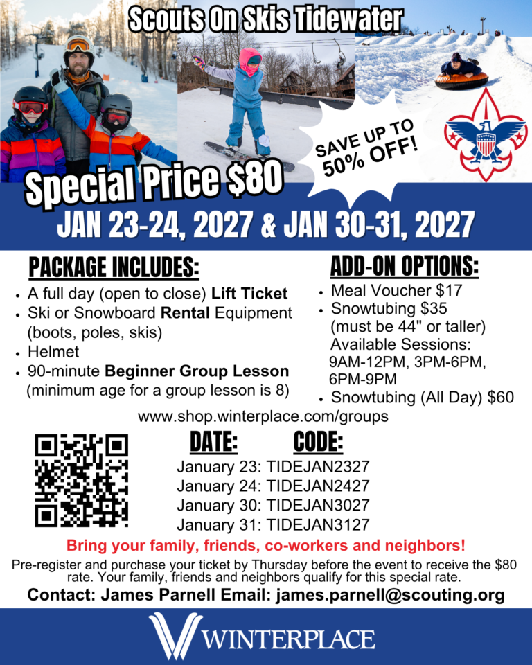 Flyer for Scouts on Skis Tidewater at Winterplace 2027