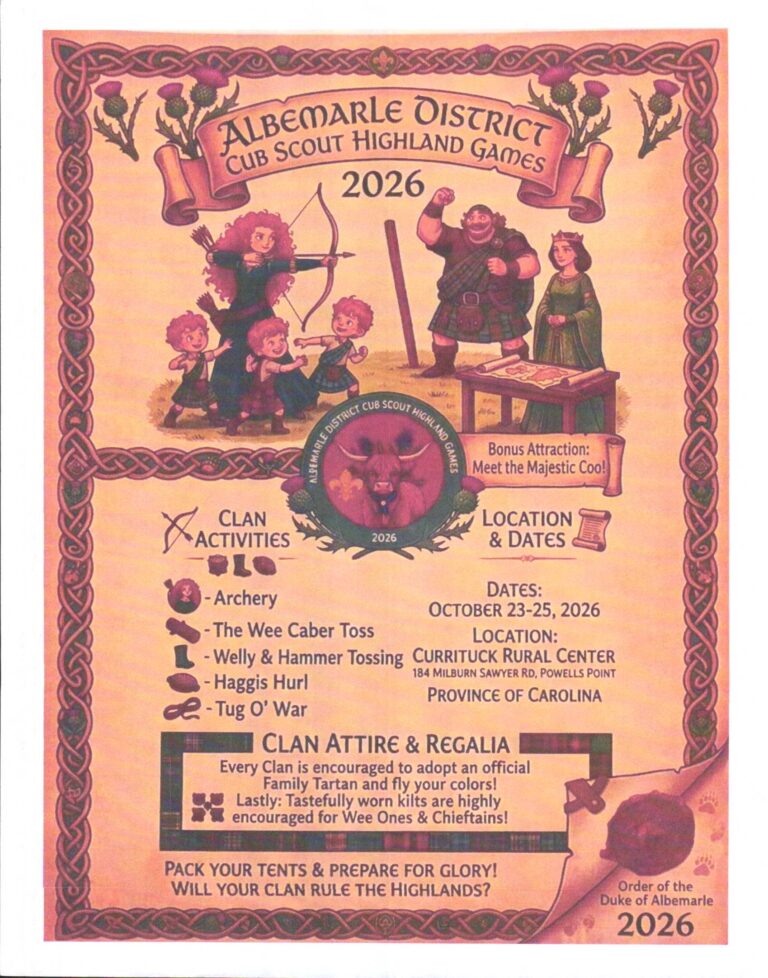 Flyer for Albemarle District Cub Scout Highland Games 2026