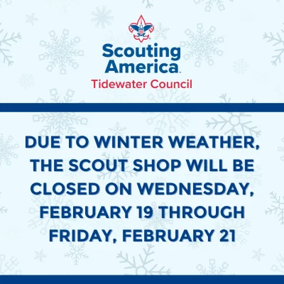 Due to expected winter weather, the Scout Shop will be closed on Wednesday, February 19 and Thursday, February 20