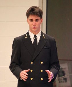 Midshipman and Eagle Scout Scott Stufflebeem visiting Scouts in Troop 63